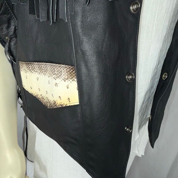 Vintage Black Leather Fringe Western Vest Snakeskin Inlay | USA Made L - Picture 12 of 16